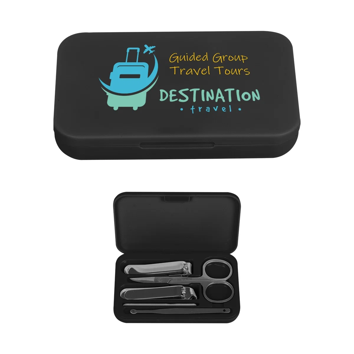 Manicure set open to show five grooming tools inside