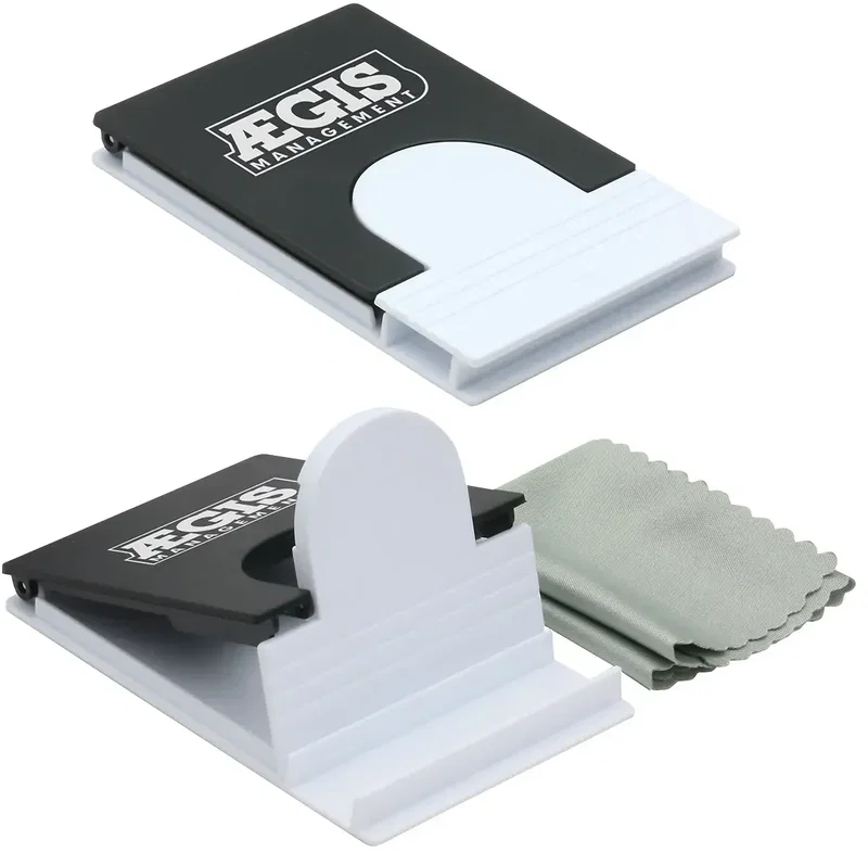 Branded Fold-Flat phone holder angled view propping up a phone