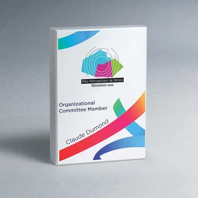 Angled view of the wood block award on a desk