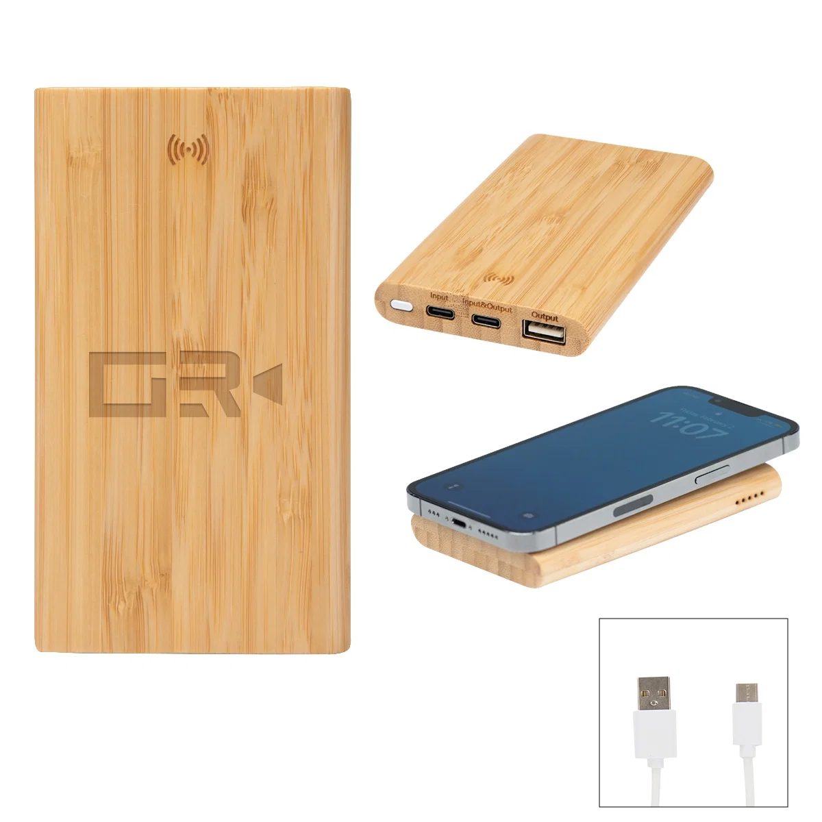 Bamboo faced power bank holding a five thousand milliamp battery