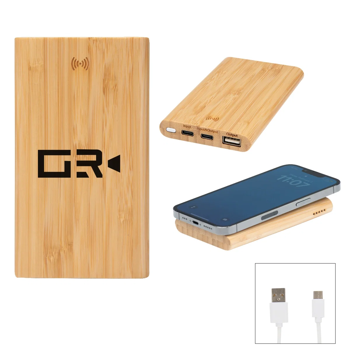 Wireless charging surface on the front of the slim wooden pack