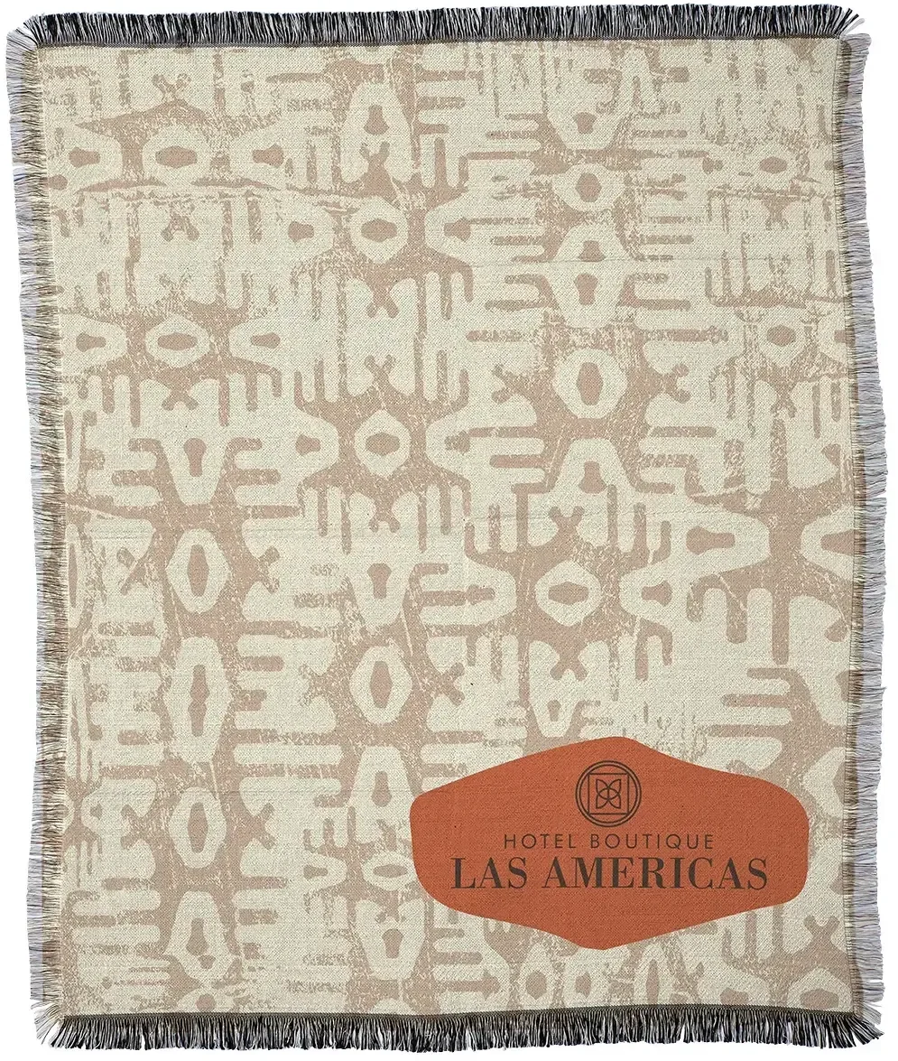 500GSM Fringed Woven Tapestry Throw, custom dye-sub blanket with a full-color branded design