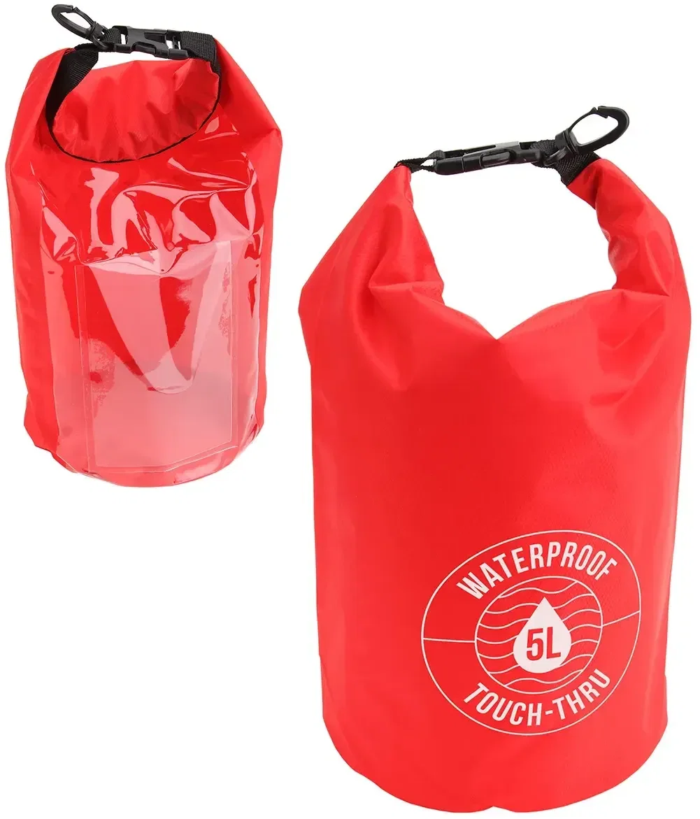 Custom 5L Touch-Thru dry bag side profile showing waterproof roll-top