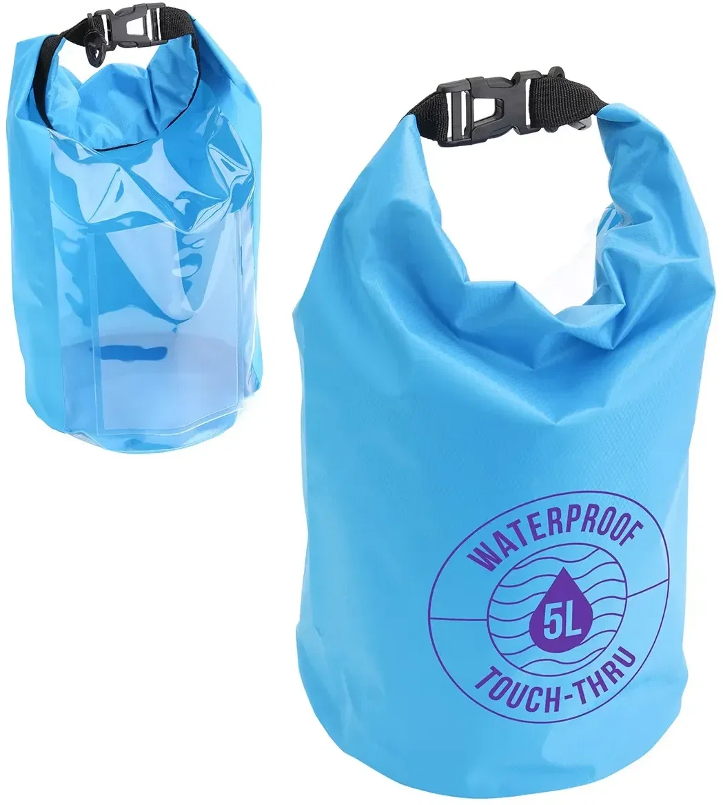 Promotional 5L waterproof dry bag rolled and clipped shut, outdoor giveaway