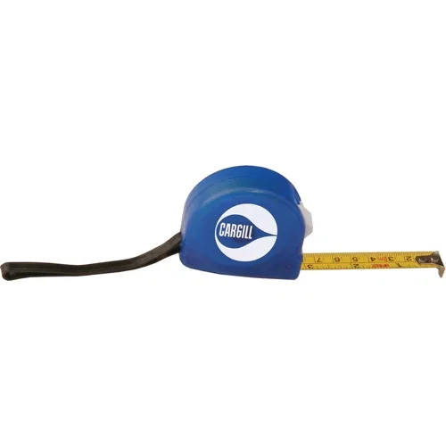 Tape measure back view showing belt clip and attached wrist strap, locking blade