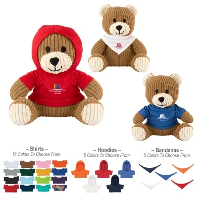 Six inch corduroy bear sitting upright in brown