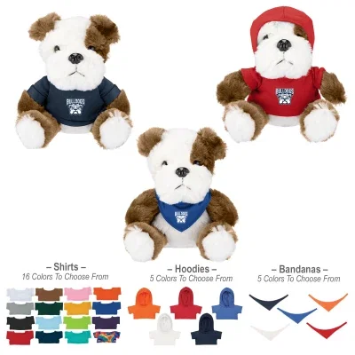 Brown and cream plush bulldog sitting six inches tall