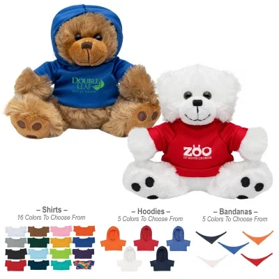 Plush teddy bear offered in brown or white, six inches seated
