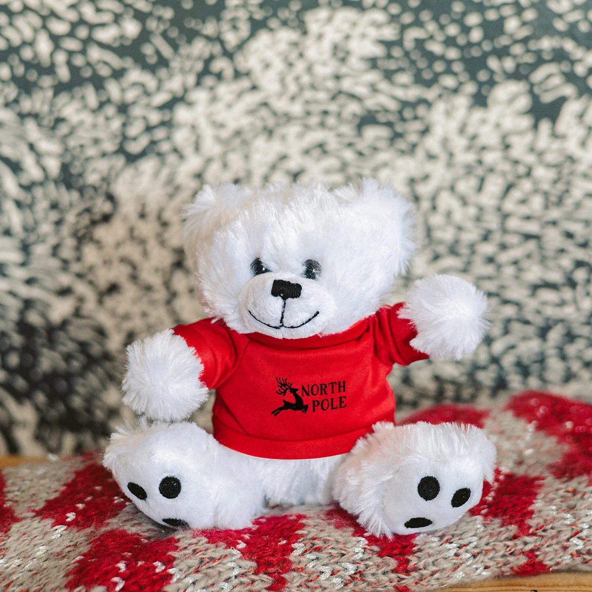 Overhead look down at the bear plush toy
