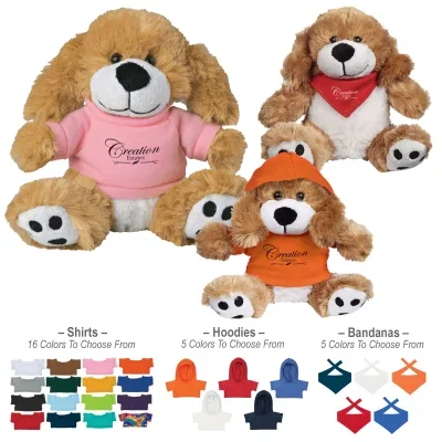Six-inch brown and white plush dog shown seated upright