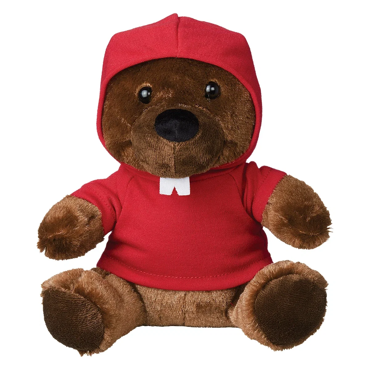 Straight-on view of the plush beaver in a seated pose