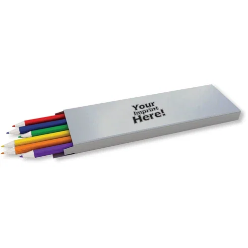 6-color imprinted colored pencil pack with blue, green, orange, purple, red, yellow