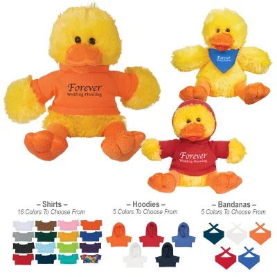Cuddly yellow duck measuring roughly six inches in a seated pose