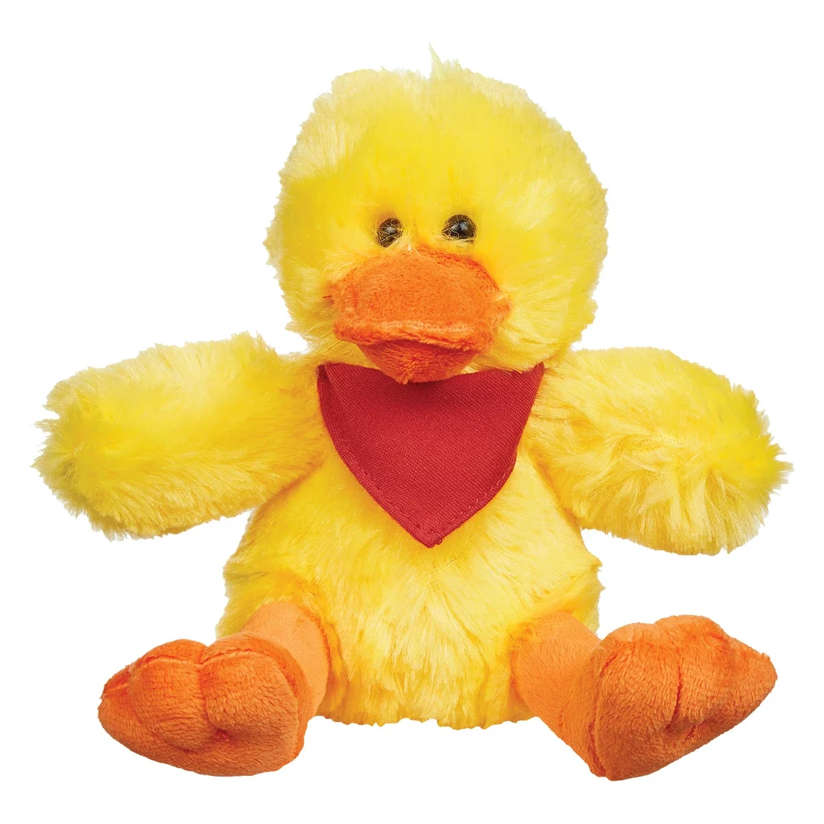 Straight-on view of the plush duck in a seated pose