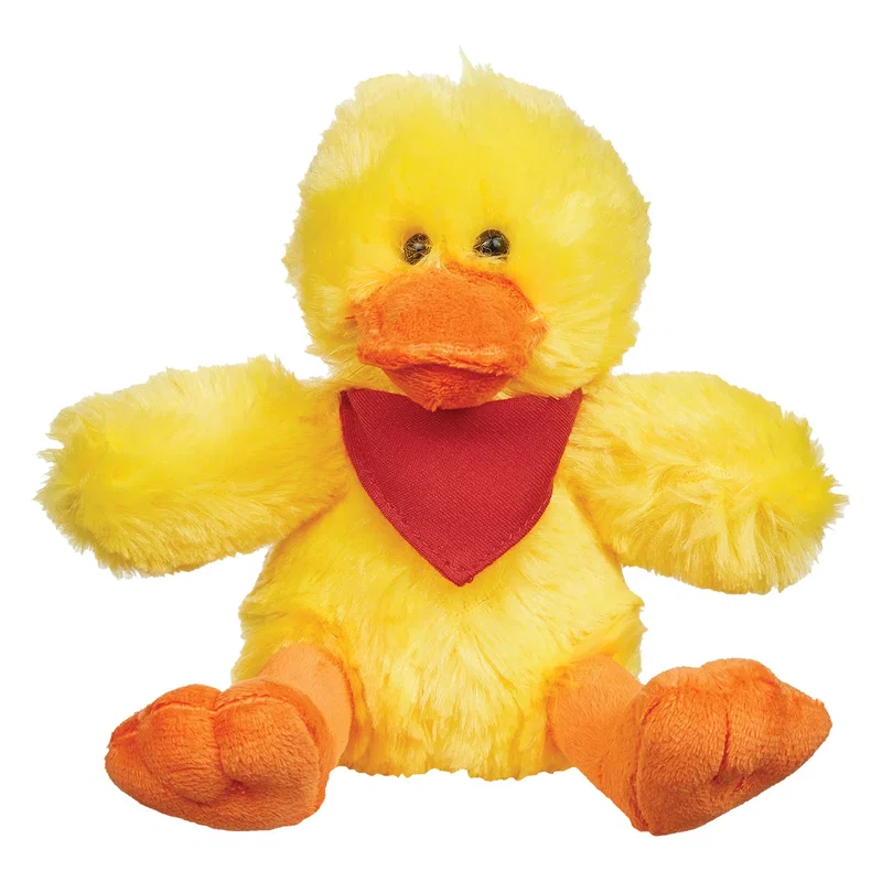 Straight-on view of the plush duck in a seated pose