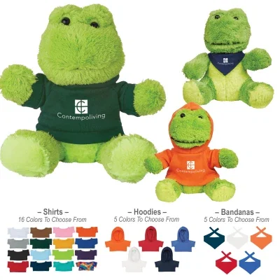 Green frog plush toy that sits about six inches tall