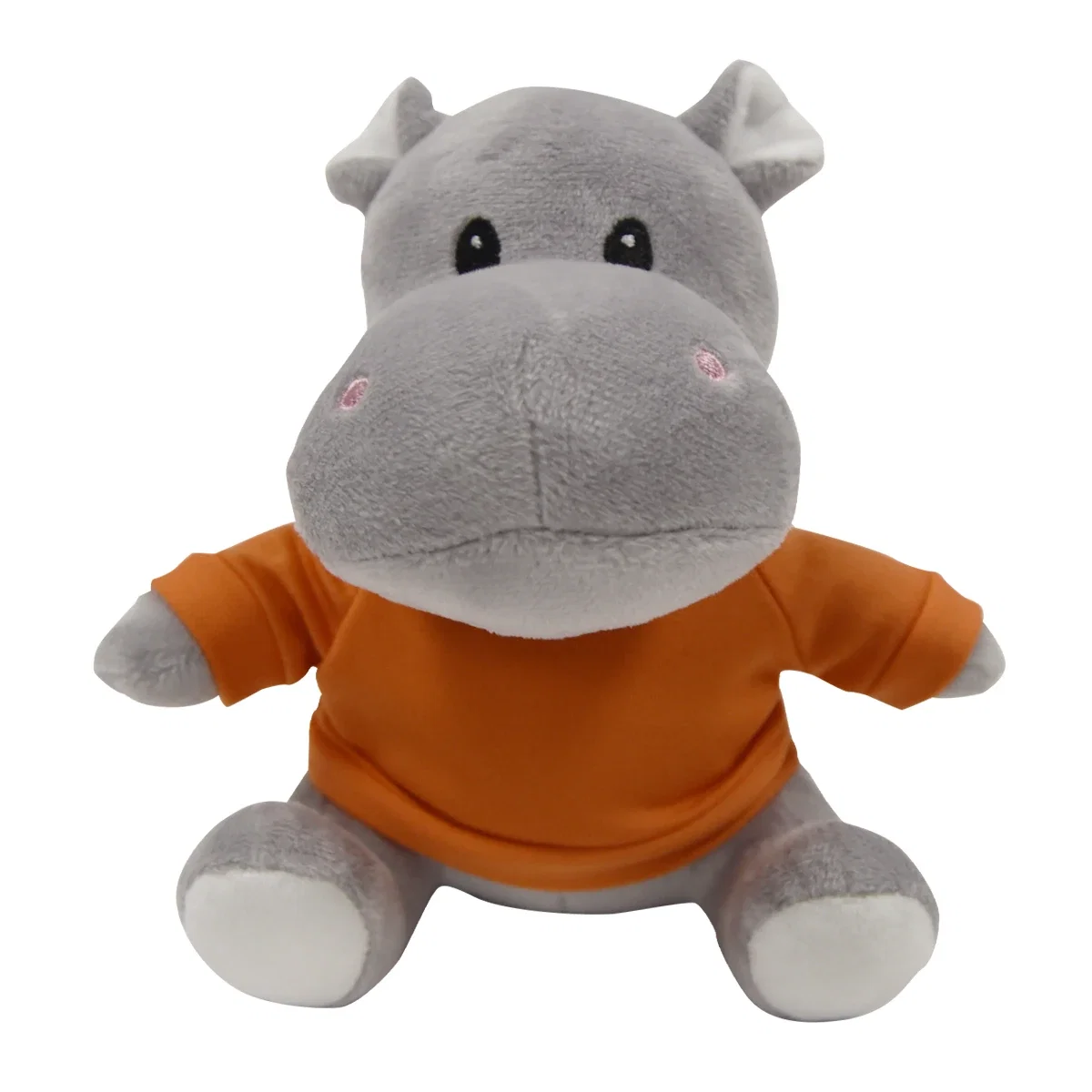 Rear three-quarter look at the gray stuffed hippo