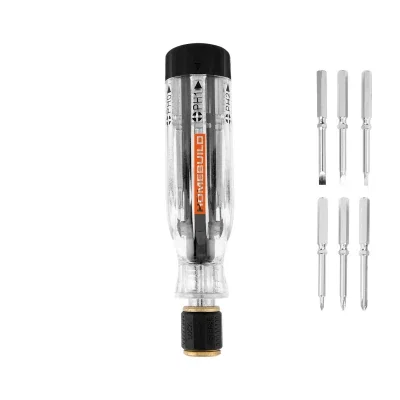 Black quick release screwdriver holding six interchangeable bits