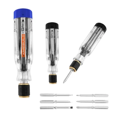 Handle in royal blue with a clear barrel storing spare tips
