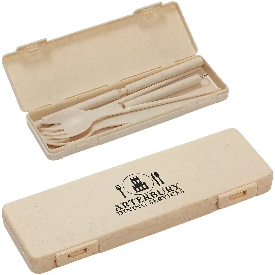 6-in-1 wheat straw tableware set with custom logo, promotional travel utensil set front view