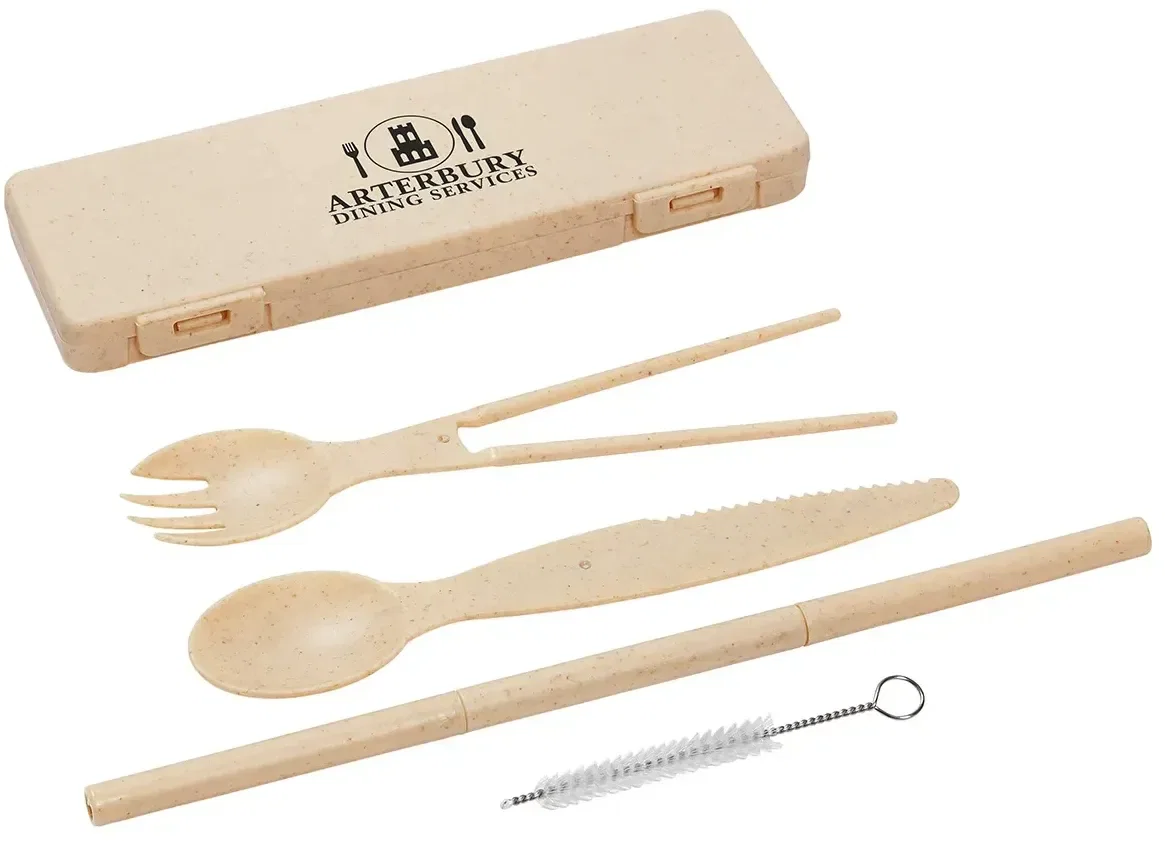 Custom branded wheat straw flatware set laid out, angled view