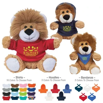Six-inch brown and white plush lion shown seated upright