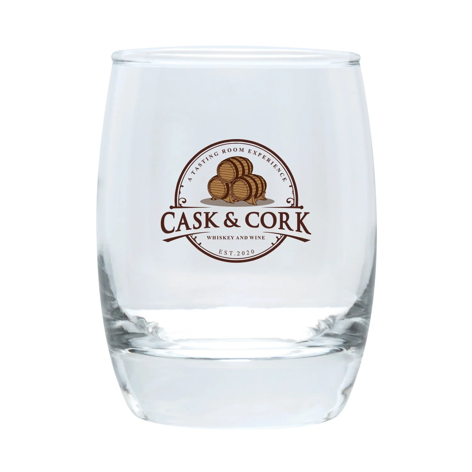 Six ounce clear whiskey glass standing three inches tall