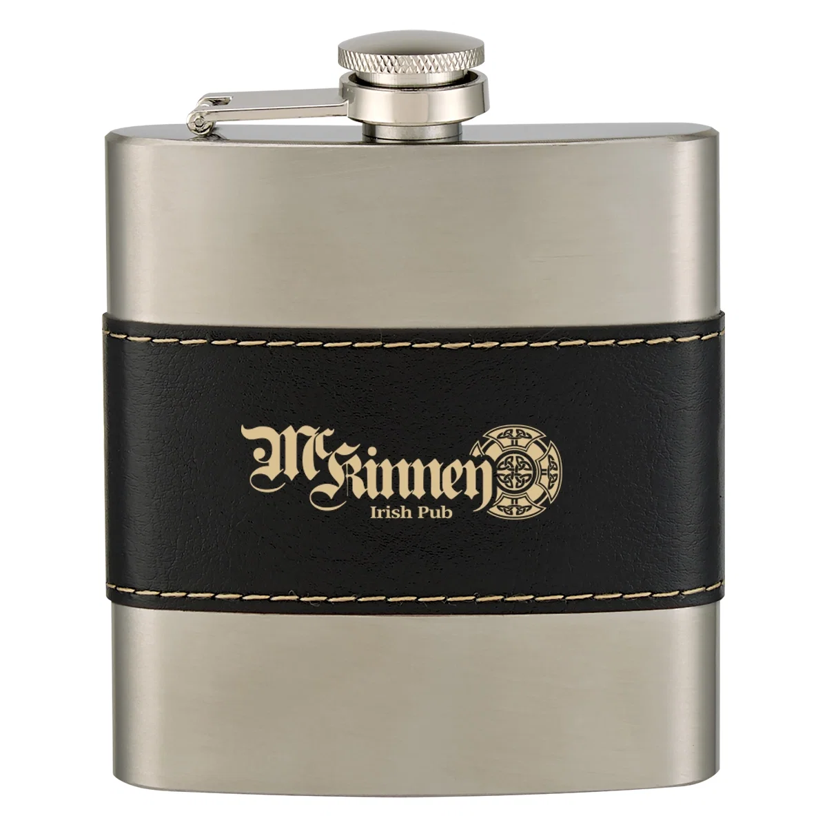 Six ounce hip flask in silver with a contrasting accent panel