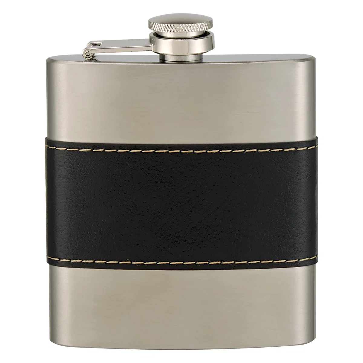 Back side of the silver flask showing a flat imprint area
