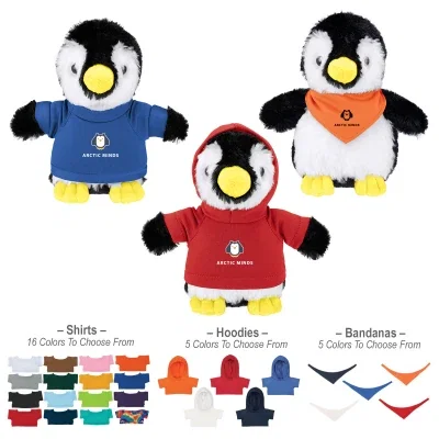 Black and white plush penguin seated six inches tall