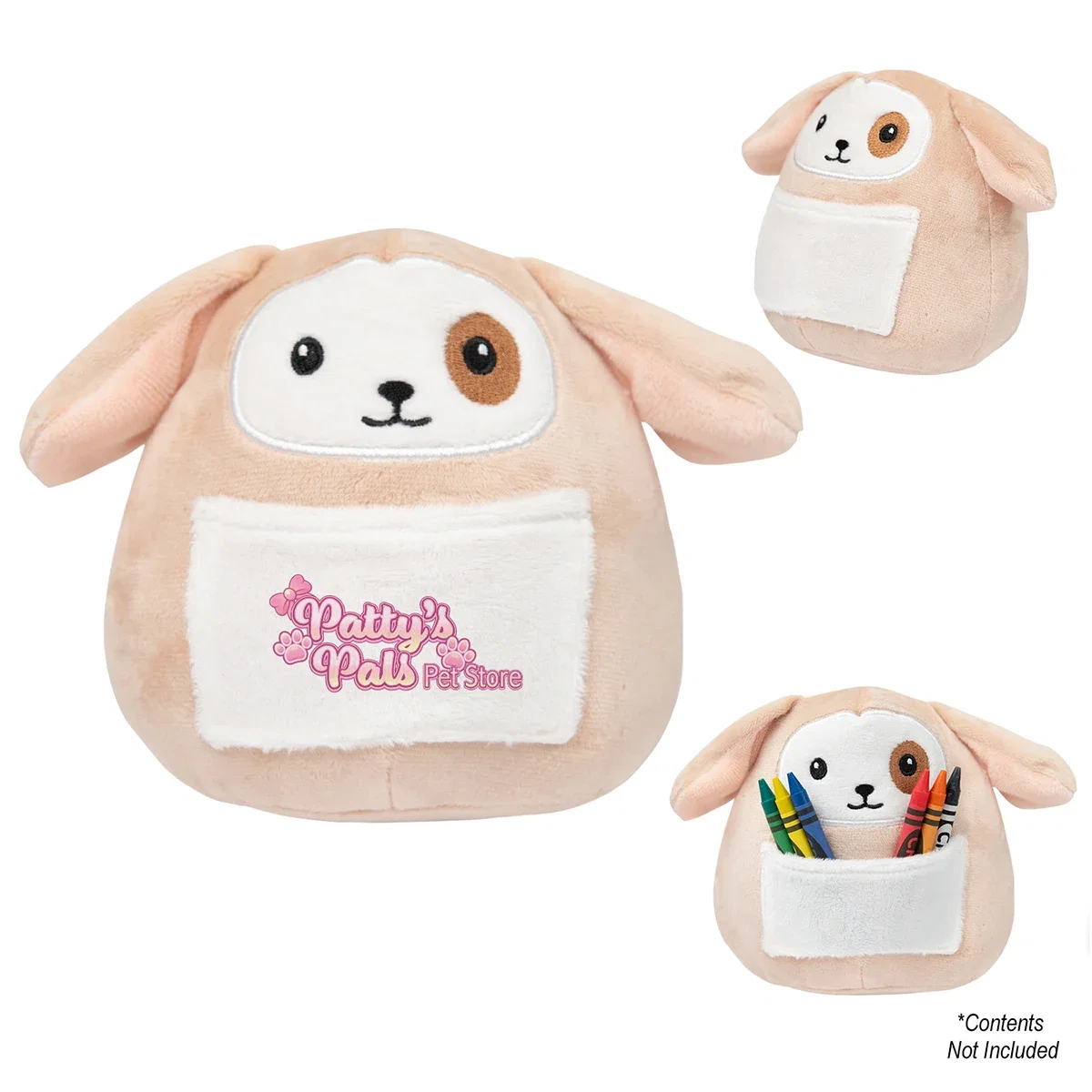 Angled view of the six-inch stuffed puppy