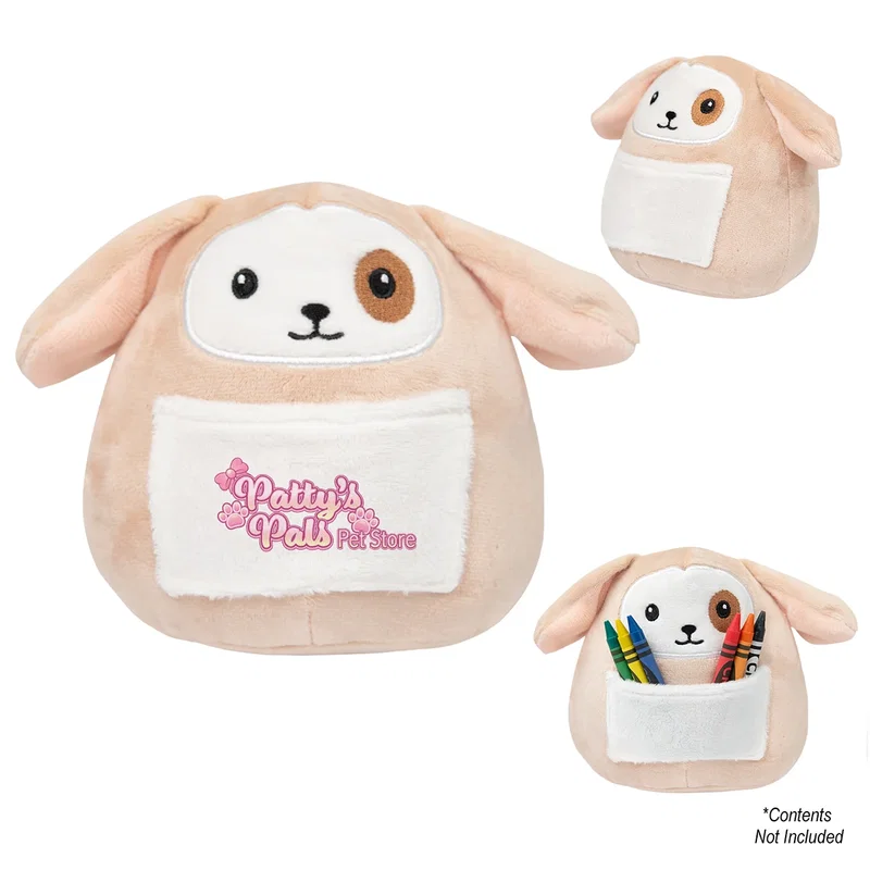 Angled view of the six-inch stuffed puppy