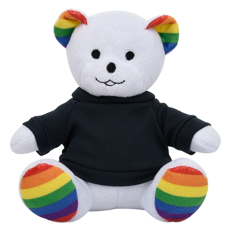Rear three-quarter look at the rainbow stuffed bear