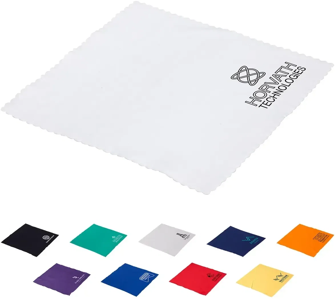 6-inch square 220GSM microfiber cloth, branded custom lens and screen cleaner, front view