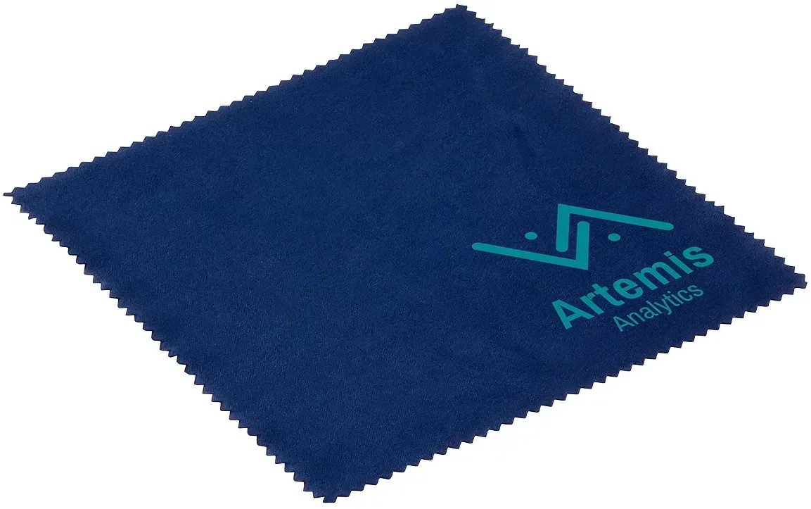 Custom 220GSM microfiber cloth folded to show soft branded cleaning surface