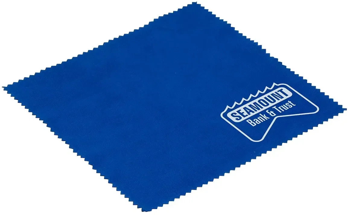 Branded 6-inch microfiber cloth wiping a phone screen, logo-ready design