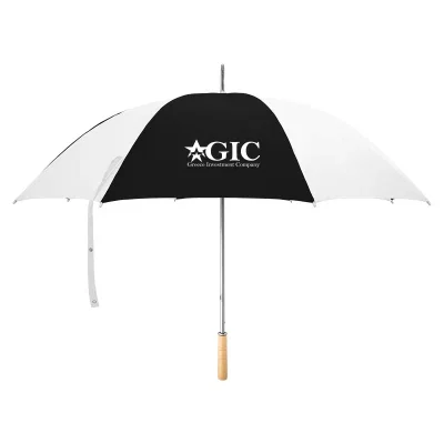 Golf umbrella opened to a sixty inch arc canopy