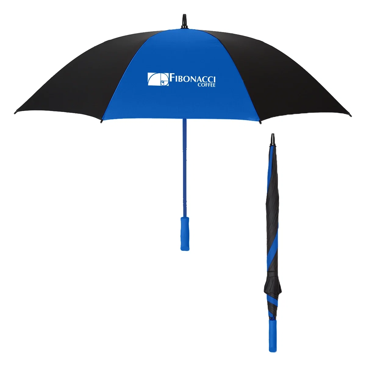 Black golf umbrella opened to a sixty-inch arc