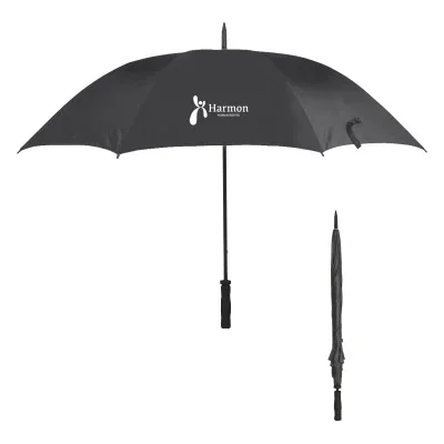 Black golf umbrella opened to show its full 60 inch arc