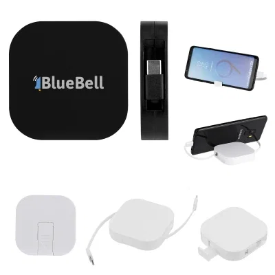 Square retractable charging cable that doubles as a phone stand