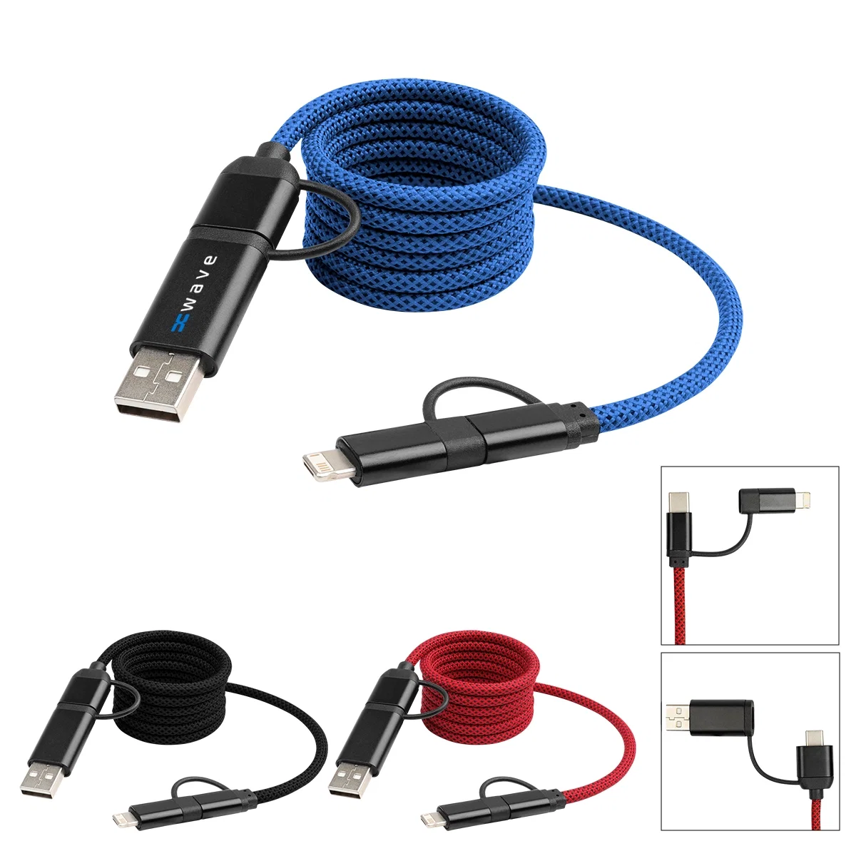 Magnetic charging cable coiled beside its connector tips