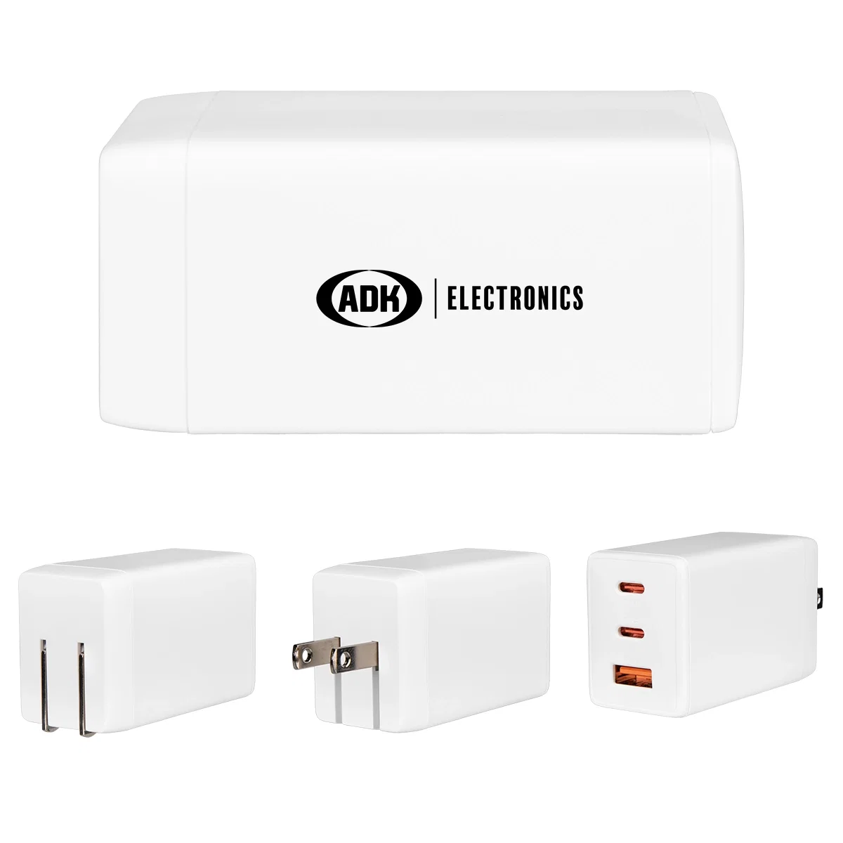 Wall adapter shown from the front with prongs folded in