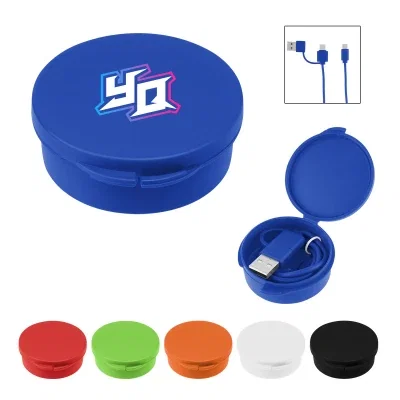 Fast charging cable coiled inside a round zippered carry case