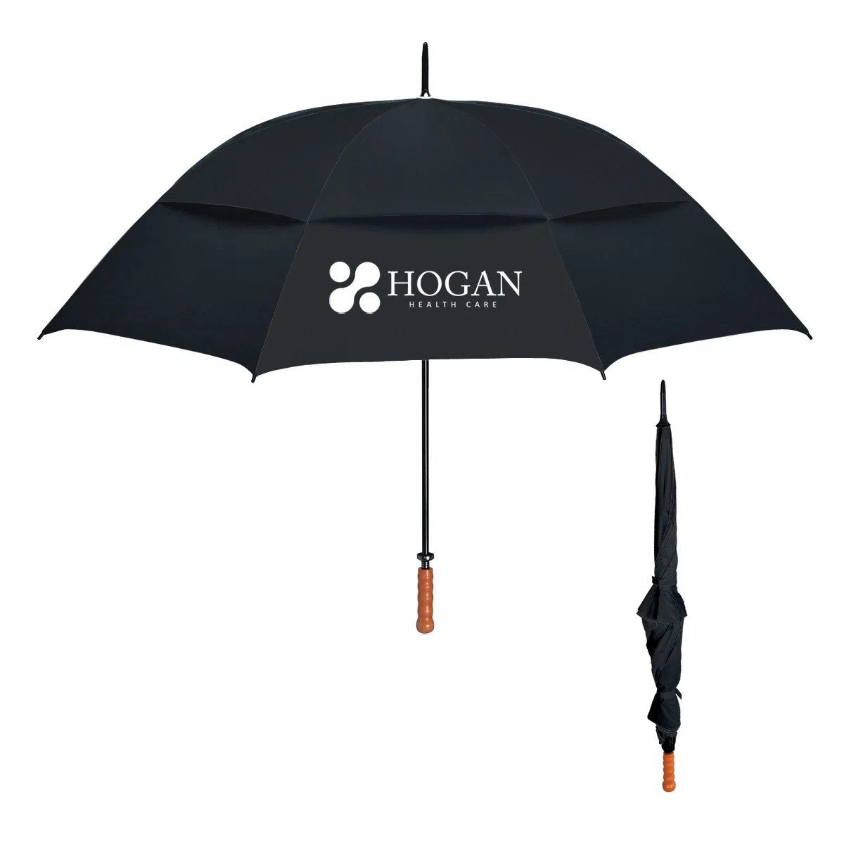 Large vented golf umbrella opened to show its wide canopy