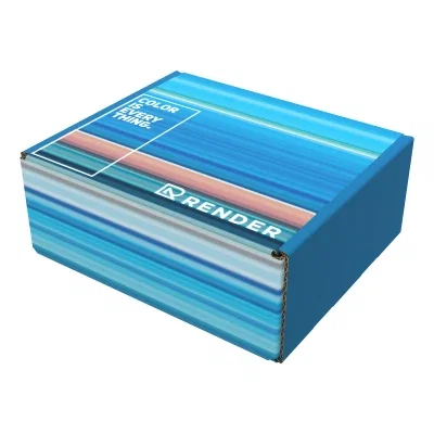 Full color mailer box measuring six by five by two inches