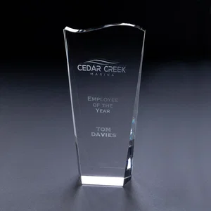 7 3/4" Clear Wave Top Crystal Award, Self-Standing Base, Laser Engraved