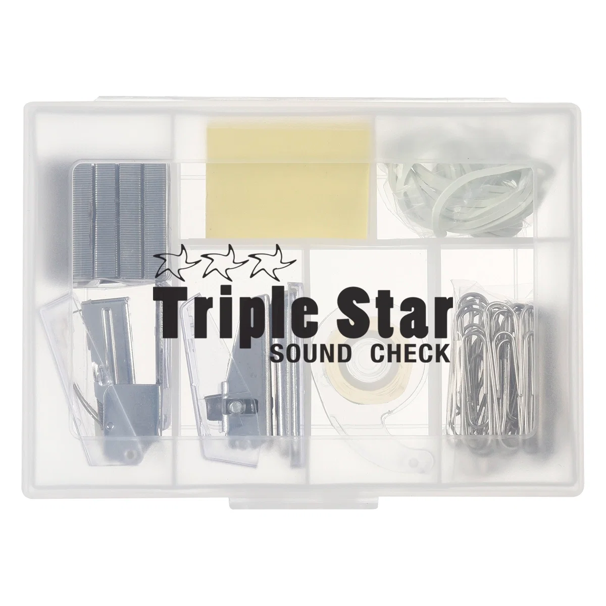 Seven-piece stationery kit housed in a frosted clear case