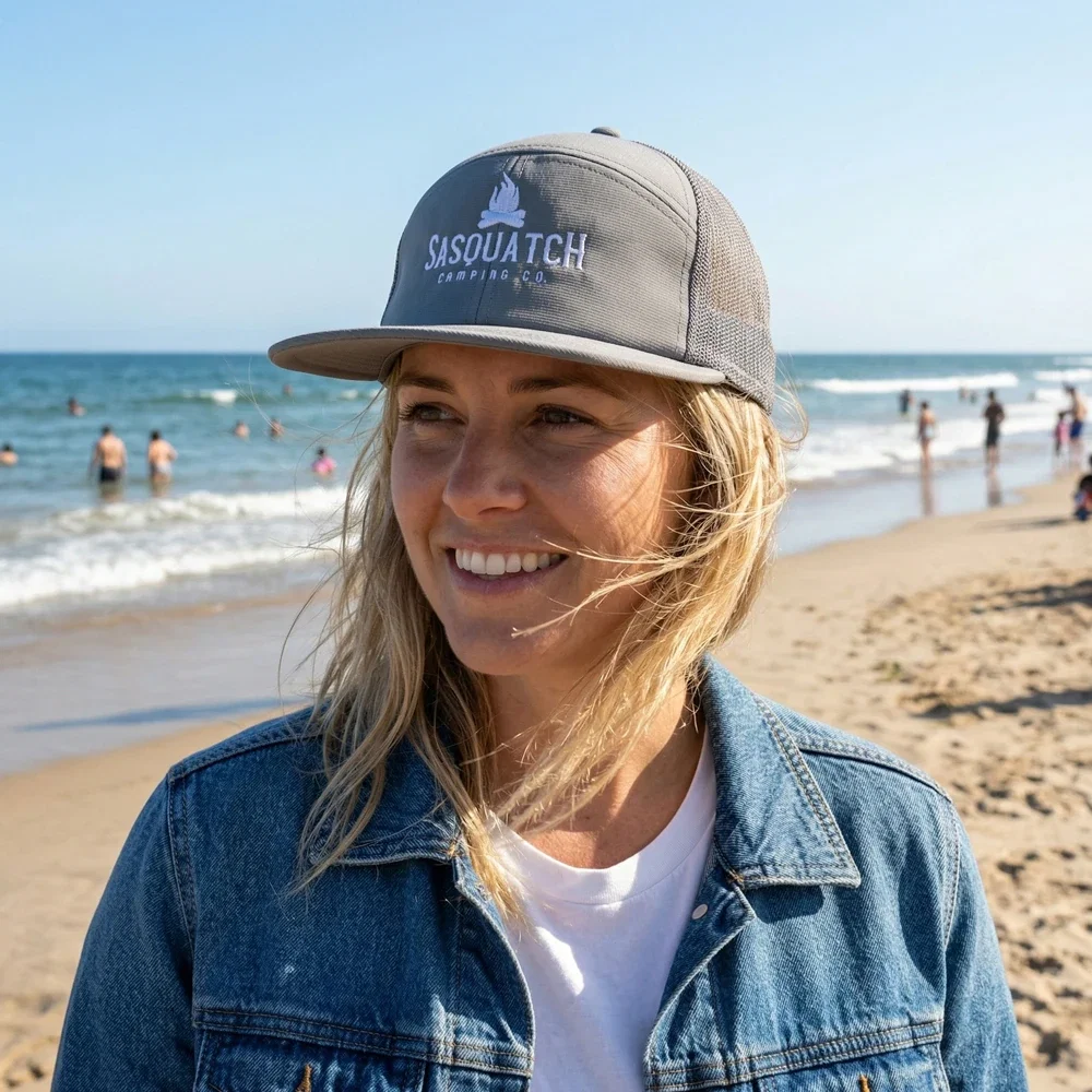 7-Panel Performance Trucker Cap being worn