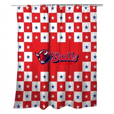 White polyester shower curtain measuring 71 by 74 inches
