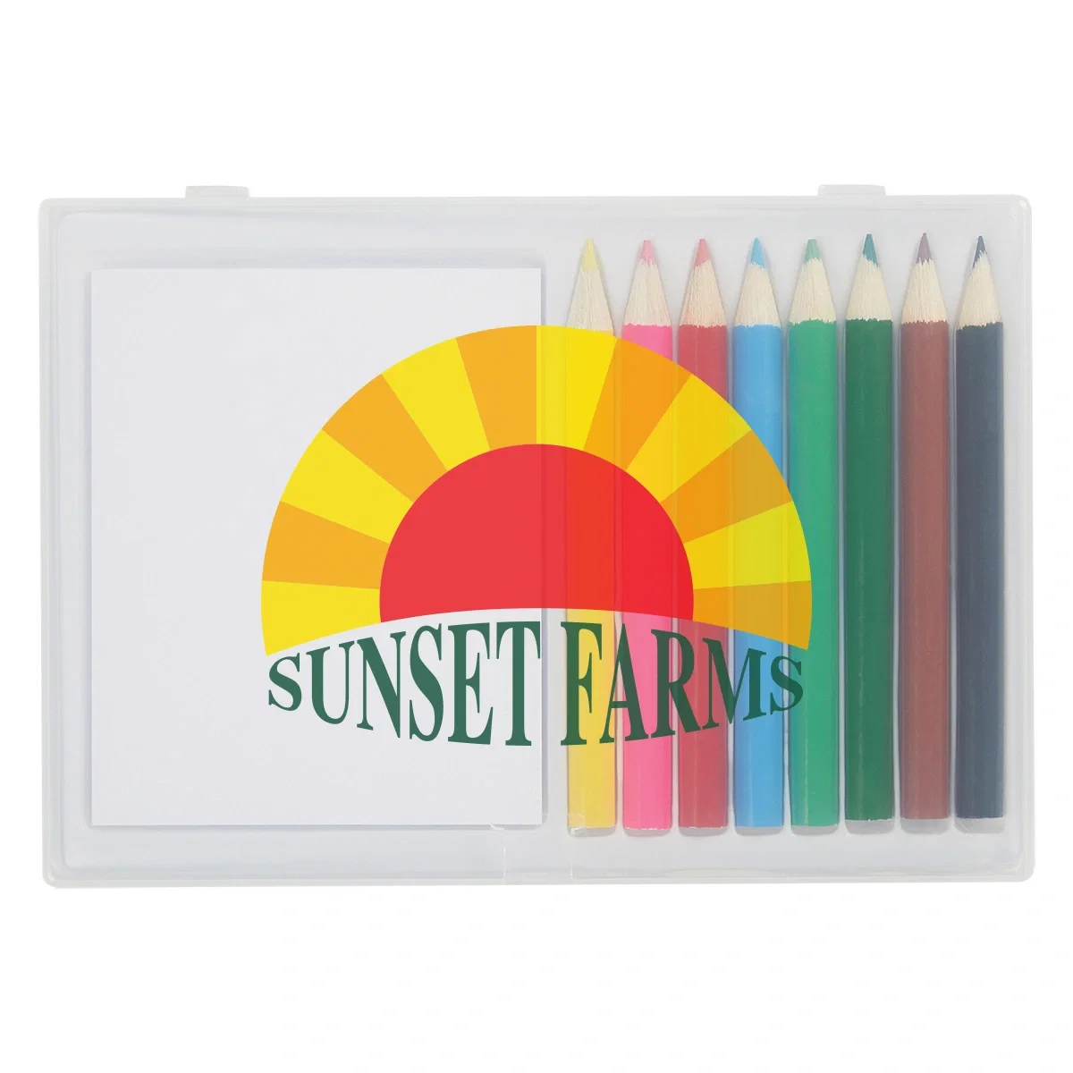 Eight colored pencils arranged inside a clear plastic case